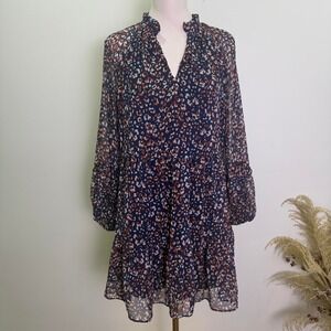 1. State Size M Navy Leopard Print Ruffle Neck Tiered Long Sleeve Mini Dress